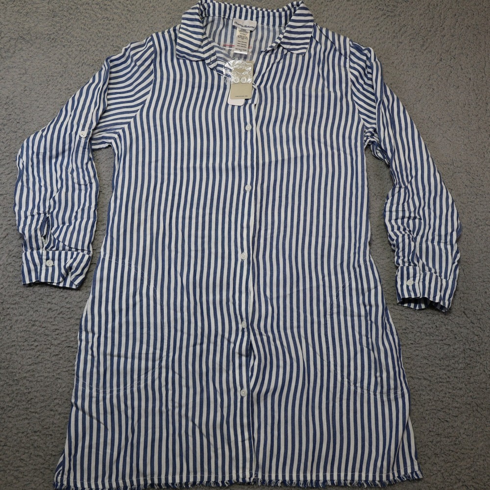 Tommy Bahama Womens Chambray Stripe BF Shirt Dress Blue White Tunic Small NEW